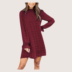 Adibosy Burgundy Ruffle Mock Neck Chiffon Lined Mini Dress Long Sleeve Plus 2XL